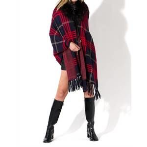 NEW OOLALA plaid cape with fur collar in navy & red